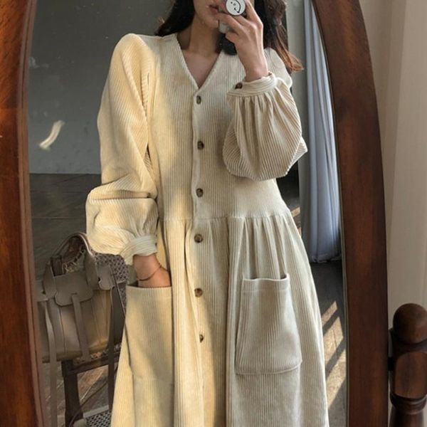 

casual dresses women autumn winter vintage long dress elegant full sleeve single breasted tunic corduroy pocket vestidos, Black;gray