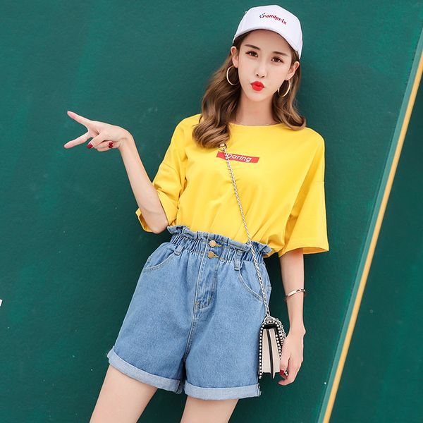 

women's shorts new floral bud elastic waist denim in summer of 2019, White;black