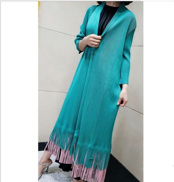 

coats miyake v-neck pleated three quarter long contrast tassel outerwear coat, Tan;black