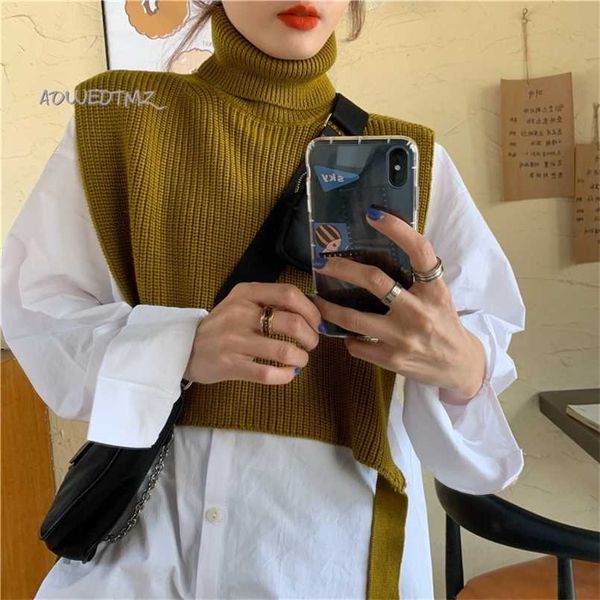 

aowdtmz women's sweet and fashionable layered high-neck tie knitted turtleneck sweater vest retro high-neck sleeveless 211103, White;black