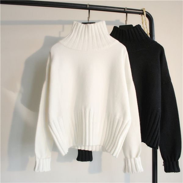 

fashion design turtleneck sweater women jumper winter loose long sleeve knitted pullover sweater female black white 210522