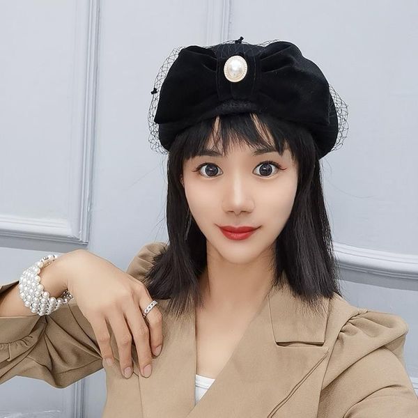 

beanies winter black french hepburn bowknot wool gauze women beret painter female