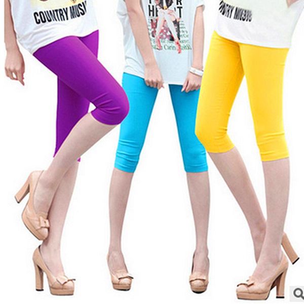 

women's leggings summer candy color cropped trousers large size ice silk seven-points ladies slim pants hip lift breathable elastic, Black