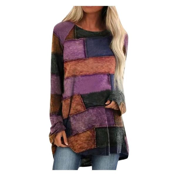 

women's t-shirt women geometric printing stitching color matching loose long-sleeved plaid jacket simple, White