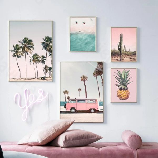 

unframed nordic seaside pink bus cactus landscape painting