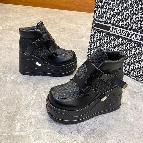 

boots brand punk goth platform motorcyle wedges women's lace up trendy ins chain 2021 casual luxury shoes, Black