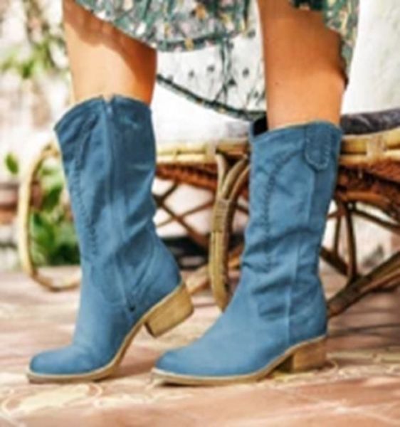 

boots women booties autumn winter low heels platform ladies shoes vintage riding mid calf punk botas mujer big size s7hp, Black