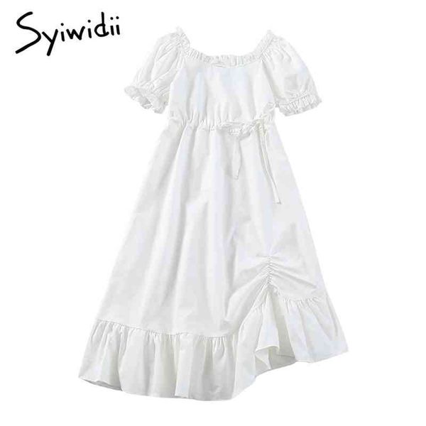 

syiwidii puff sleeve high waist dresses women short sleeve mid-calf slash neck a-line clothing summer korean fashion dress 210417, Black;gray