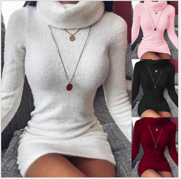 

winter solid dress women turtleneck long sleeve plush sweater party white black pink bodycon bandage for female casual dresses, Black;gray