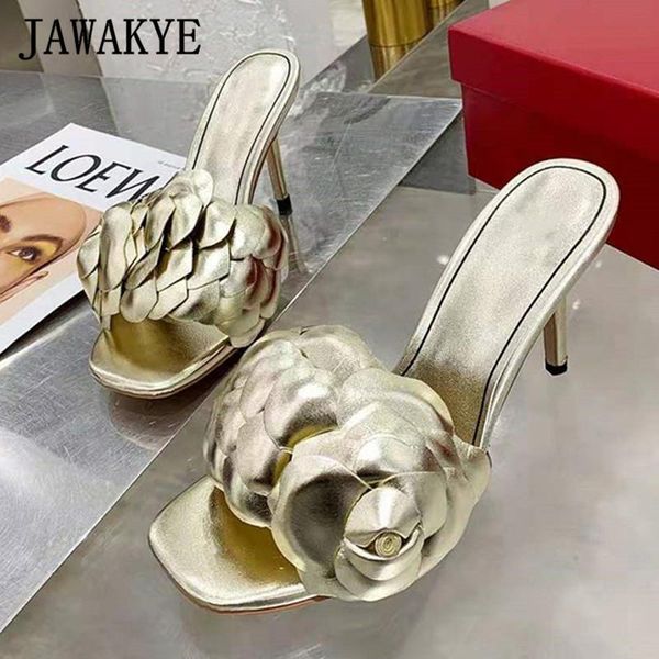 

gold flower runway high heels women slippers open toe real leather party shoes summer slides outdoor dress beach mules, Black