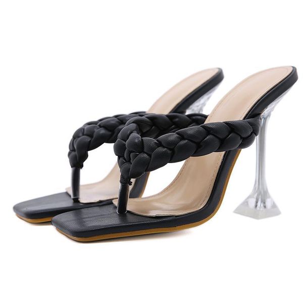 

slippers kcenid fashion shoes ladies slipper women handmade braid slip on slides crystal heel party dress sandals square toe flip flops uy1z, Black