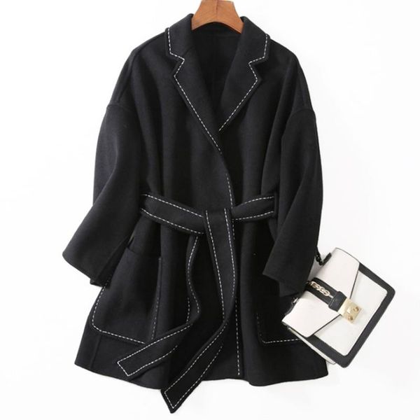 

women's wool & blends double-faced cashmere short jacket with exposed thread, Black