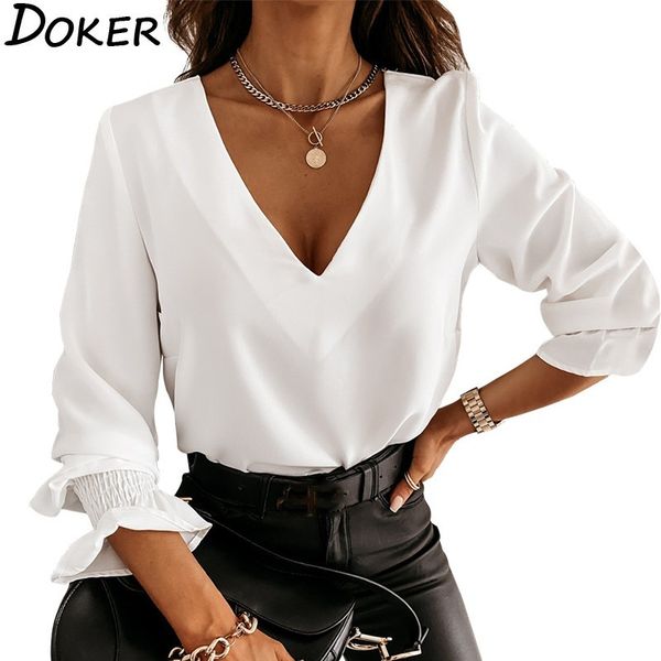 

spring white blouse for women fashion lace backless elegant v neck flare long sleeve plus size shirts office ladies 210423
