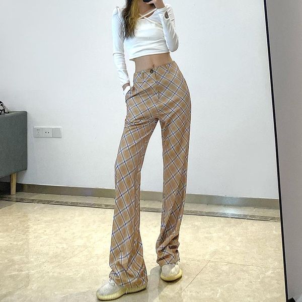 

women's pants & capris houzhou checkered for women streetwear elegant plaid high waist trousers jokers checked, Black;white
