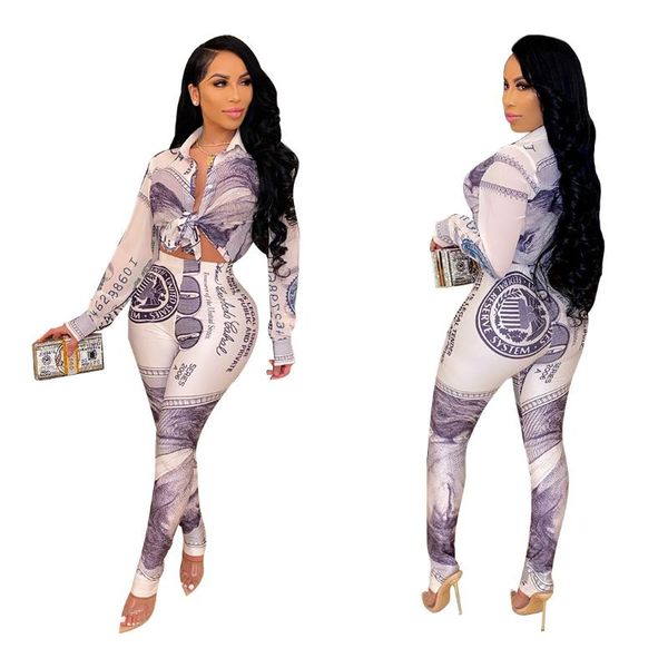 

women's two piece pants zaggin 2021 autumn fashion women dollar print shirt 2-piece sets casual lady notched full sleeve skinny long, White