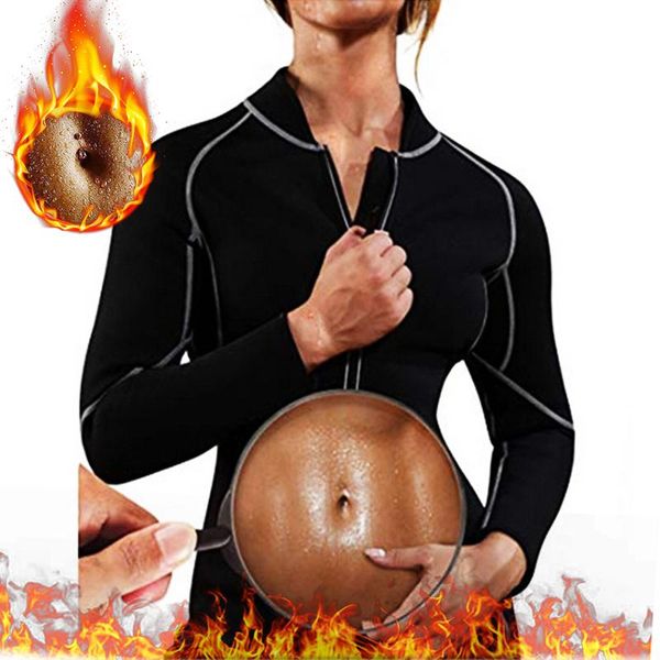 

twinso thermal shirt long sleeve jacket shapewear zipper sports neoprene sauna suit waist trainer warming sweater blouse women's shaper, Black;white