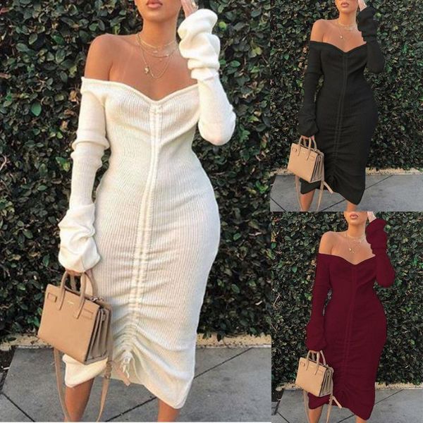 

casual dresses womail drawstring knit dress women party off shoulder v neck club bodycon short women's autumn winter slim, Black;gray