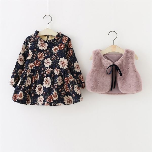 

2 pcs plush lined floral dress and faux fur vest set 210528, Red;yellow
