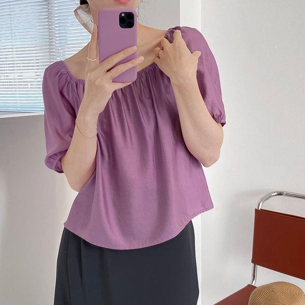 

women's blouses & shirts ladies elagant blouse 2021 summer square neck solid color short sleeve french vintange tencel all-match women, White