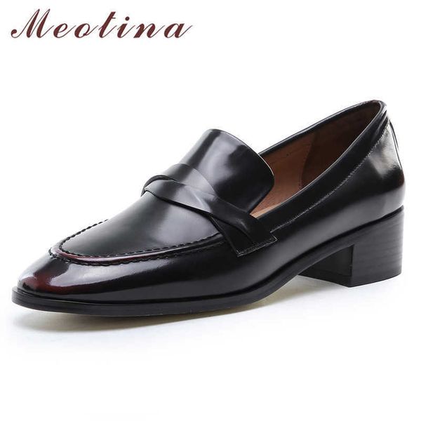 

meotina high heels women pumps natural genuine leather chunky heels shoes cow leather mixed colors round toe shoes lady size 40 210608, Black