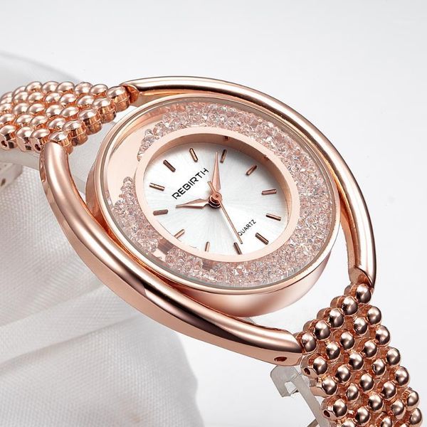 

fashion brand women watch rebirth rhinestone wrist watches casual dress crystal steeel band ladies montre femme wristwatches, Slivery;brown