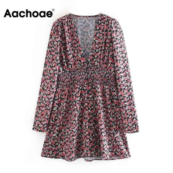 

aachoae women boho floral print dress deep v neck beach dress sundress long sleeve loose lady mini dresses vestidos mujer 210413, Black;gray