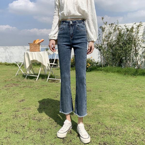 

women's jeans high-waist slim-fit korean nine-point stretch loose straight-leg 2021 boot-type wide, Blue