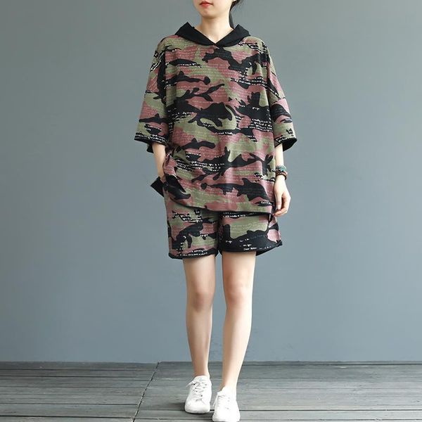 

women's tracksuits women 's shorts set 2021 summer average size camouflage printed cotton pants casual two - piece suit, Gray