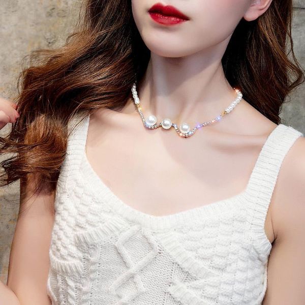 

fashion rhinestone choker necklaces for women bijoux simulated pearl ripple statement jewelry party gifts chokers, Golden;silver