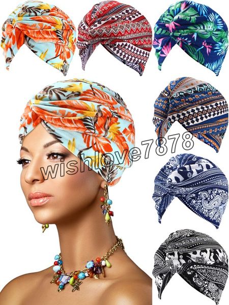 

women african headtie turban caps pre-tied headwrap bonnet beanie headscarf fashion print soft cotton hat for lady, Blue;gray