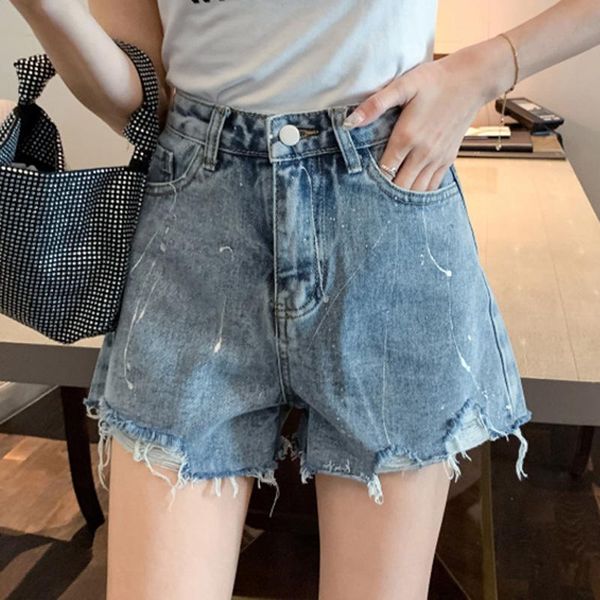 

zoki fashion women denim shorts jeans graffiti print blue tassel high waist straight slimming loose retro street girl summer women's