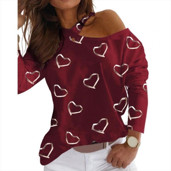 

sweatshirt long sleeve womens blouses hollow out autumn love heart print one shoulder casual plus size 2, White