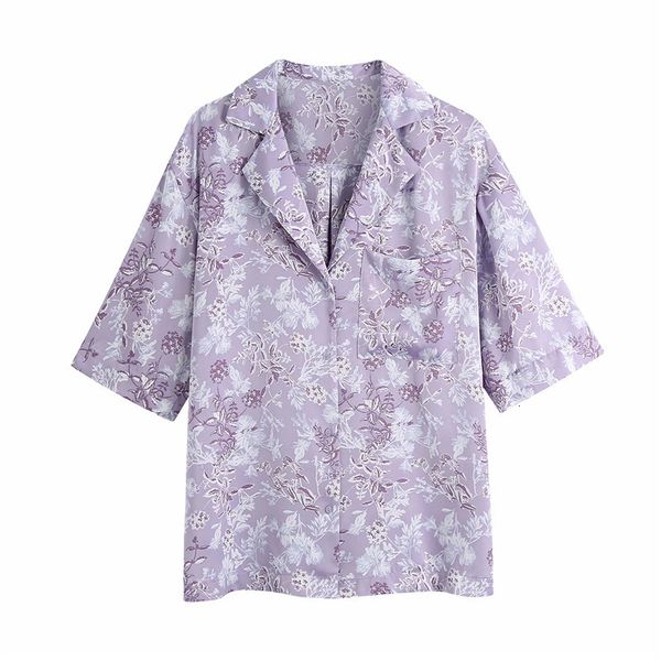 

women's knits & tees women fashion flower print za spring summer long purple shirts chic lady casual short sleeve single breasted, White