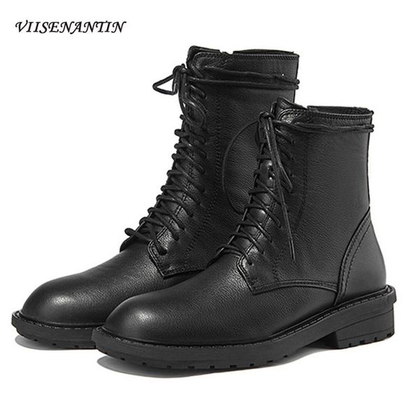 

boots leather lace-up women's autumn and winter single thick heel ankle handsome motorcycle black