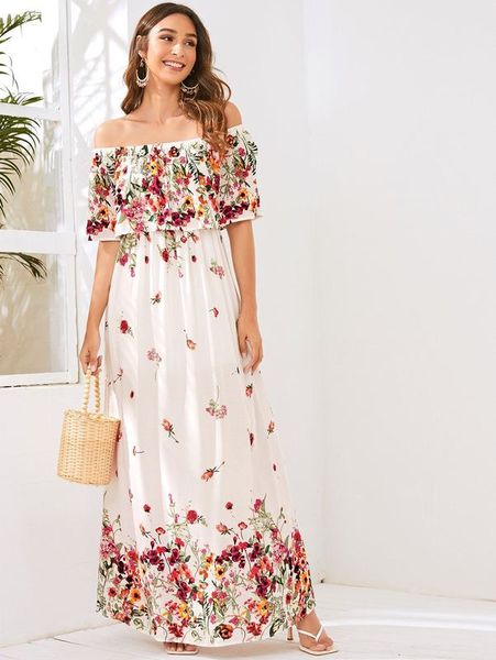 

off shoulder floral maxi dress she, Black;gray