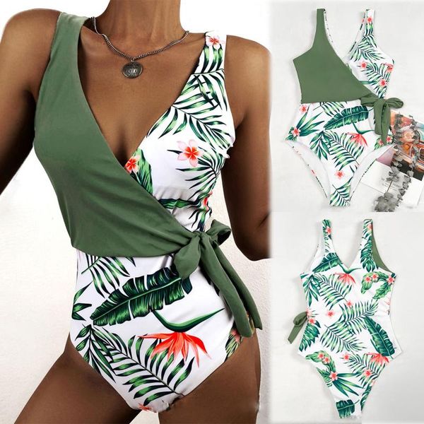 

women's swimwear bandage bikini one piece swimsuit printed deep v fashion leaf bathing suits mujer, White;black