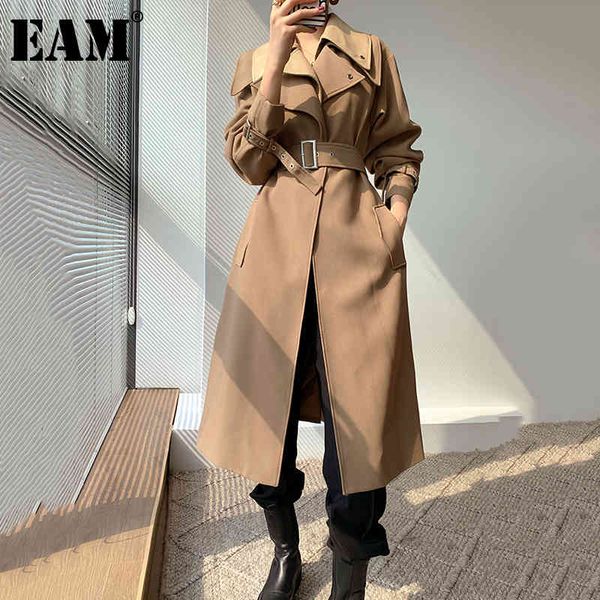 

[eam] women khaki casual long big size trench lapel long sleeve loose fit windbreaker fashion spring autumn 1dd7022 21512, Tan;black