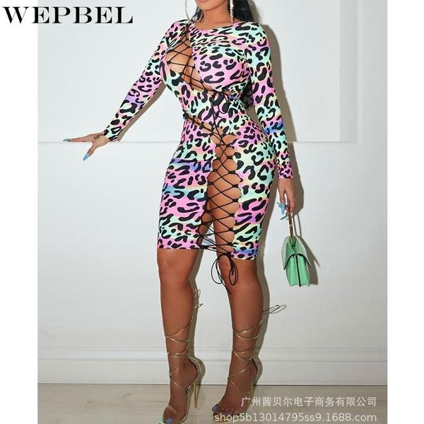 

casual dresses 2021 dress women's leopard print lace-up summer fashion high-waist hollow, Black;gray