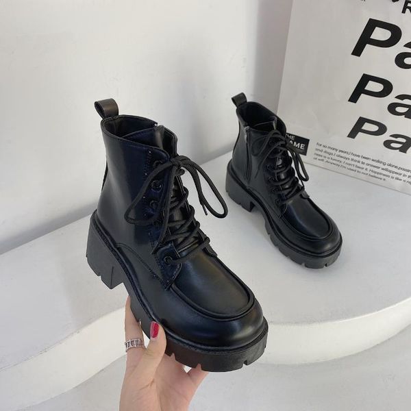 

boots hkyx 2021 round toe autumn winter ankle genuine leather concise women shoes square heel zipper short, Black