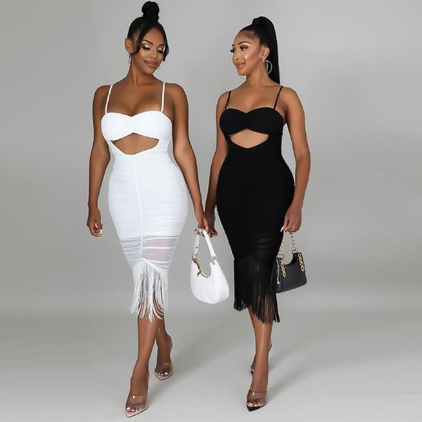 

casual dresses skmy solid color club outfits spaghetti strap sleeveless hollow out tassel bodycon zipper midi for women 2021, Black;gray