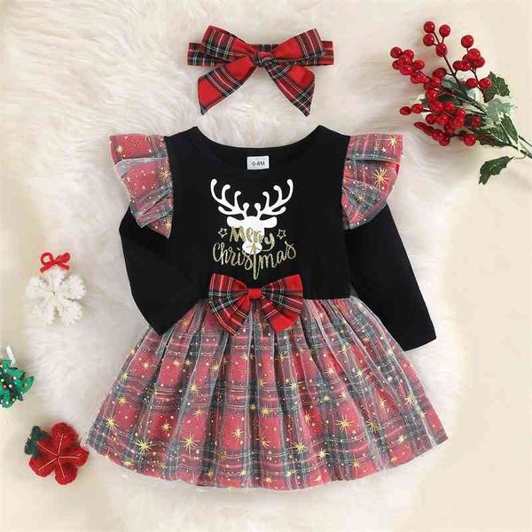 

2021 autumn girl christmas elk snow hair princess dress, Red;yellow