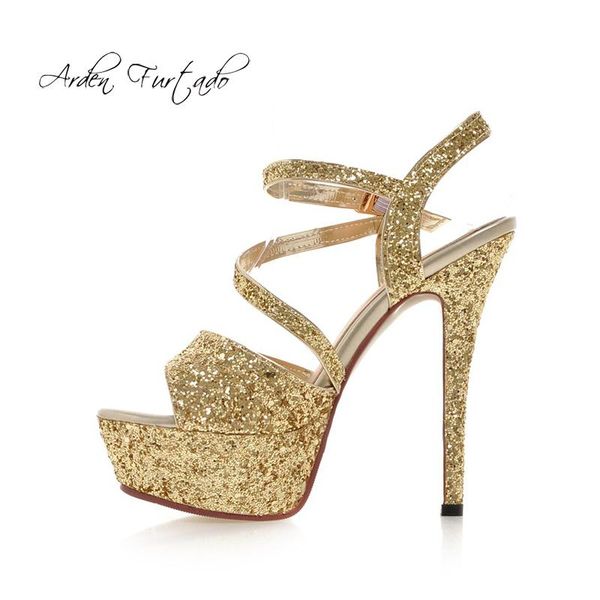 

arden furtado 2021 summer high heels 14cm stilettos platform bling sequined cloth peep toe small size 32 33 silver white sandals, Black