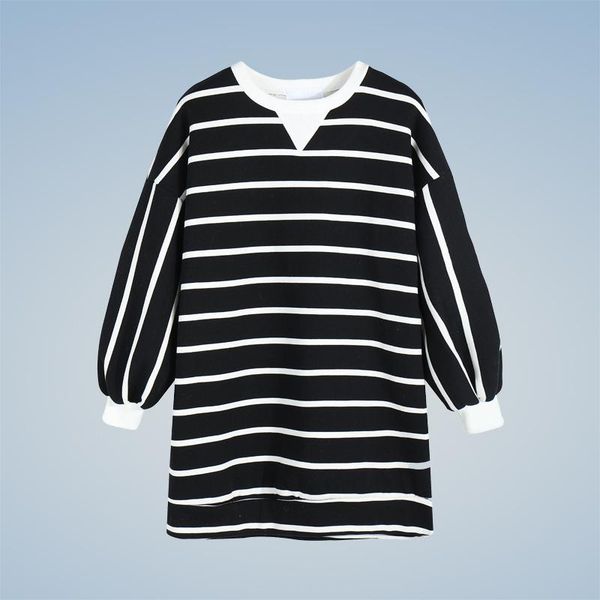 

women's hoodies & sweatshirts striped round neck coat full sleeve fit and flare long style women above knee&mini hooded outerwear, Black