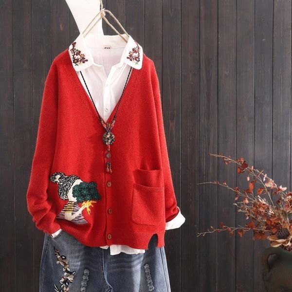 

women's sweaters v-neck loose sweater jacket women's outer wear spring and autumn cardigan large size embroidery wool hqyz, White;black