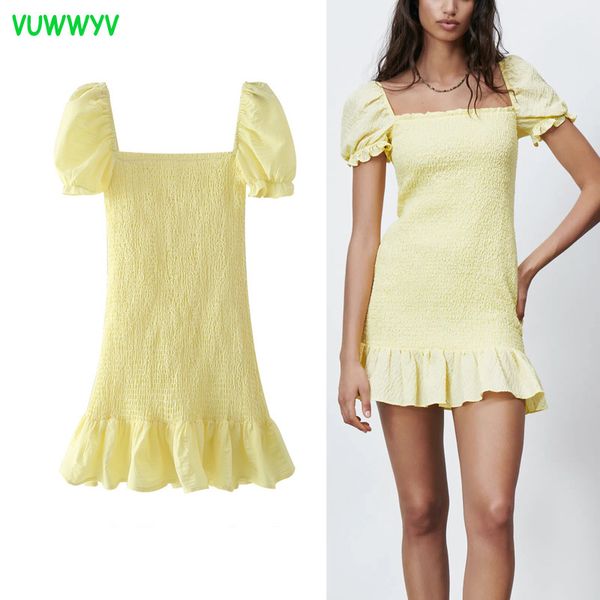 

summer yellow textured ruffle mini dress women fashion slim elastic smocked club woman short puff sleeve vestidos 210430, Black;gray