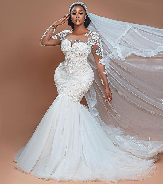 

2022 plus size arabic aso ebi mermaid lace wedding dress long sleeves tulle vintage bridal gowns dresses zj523, White