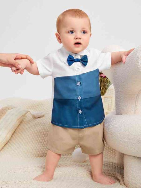 

baby color block bow front shirt & shorts she, White