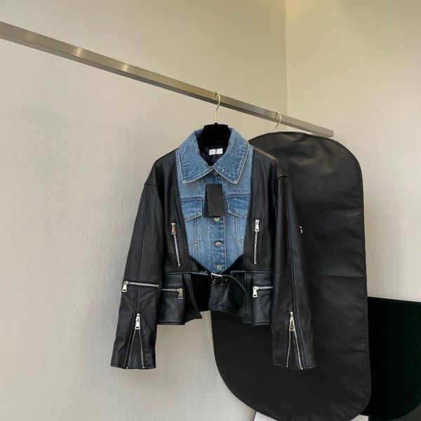 

women's jackets high-end sheepskin denim jacket autumn clothing female locomotive leather coat designer fake two 53432, Black;brown