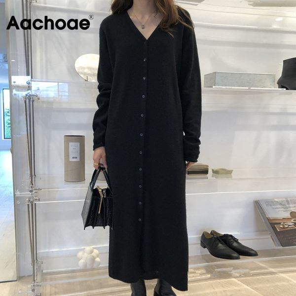 

aachoae solid casual thin knitted dress women autumn spring v neck cardigan long dress long sleeve split hem elegant dresses 210413, Black;gray