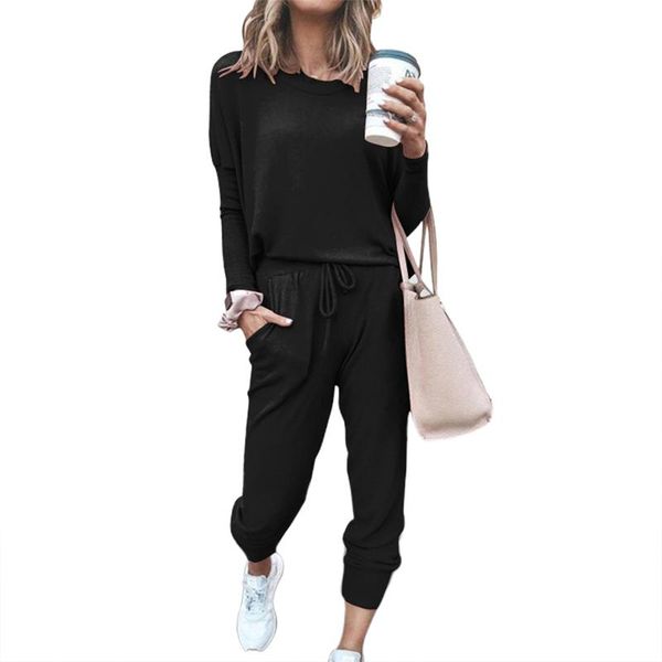 

gym clothing women casual 2 pieces outfit set long sleeve solid color and drawstring pants tracksuit sport clothes for, White;black